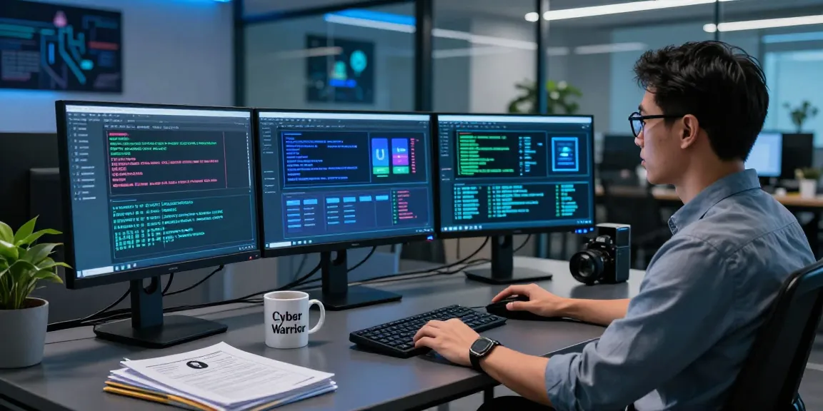 Cybersecurity analyst at shs-dome5.com focused on vital security logs in a modern office.