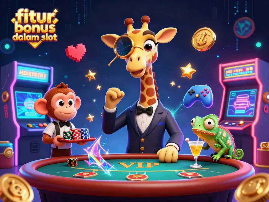 Permainan fitur bonus dalam slot dengan jerapah dan monyet di atas meja poker, penuh dengan detail warna-warni.