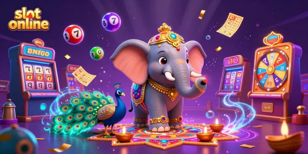Memenangkan slot online dengan elemen kasino seperti gajah bertema Diwali, burung merak, dan simbol berwarna-warni.