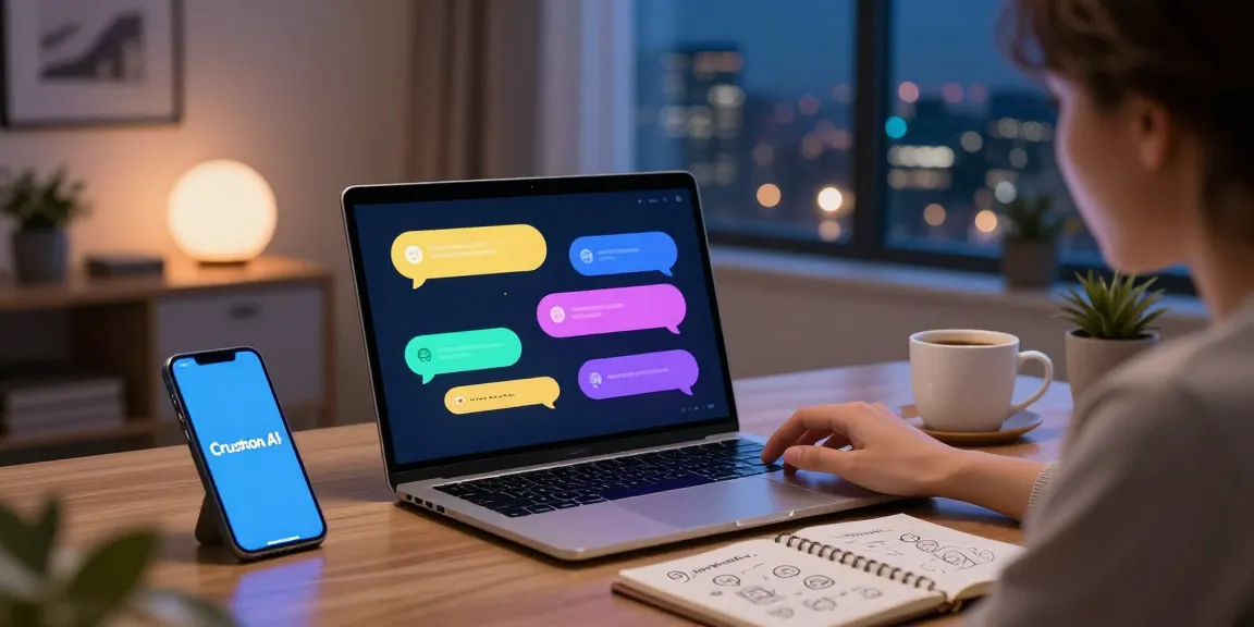 Engaging NSFW chat AI interaction scene highlighting a sleek laptop and vibrant chat bubbles.