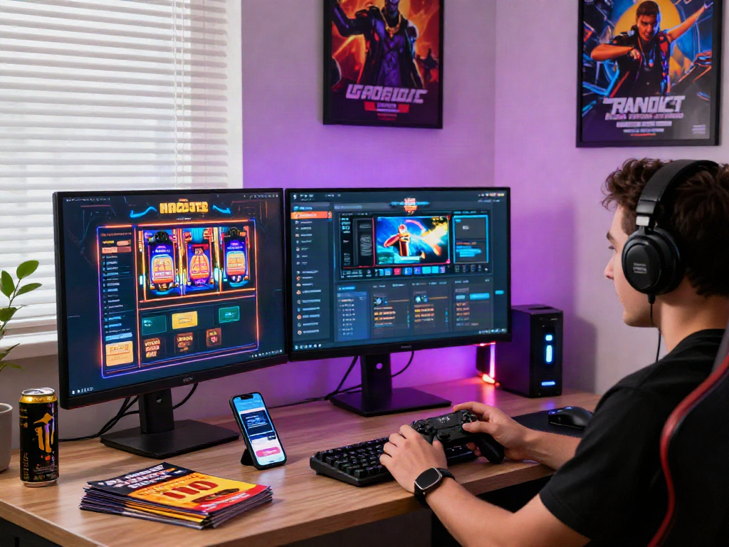 Excited gamer enjoying online slots with bonus new member 100 promotions in a vibrant gaming setup.