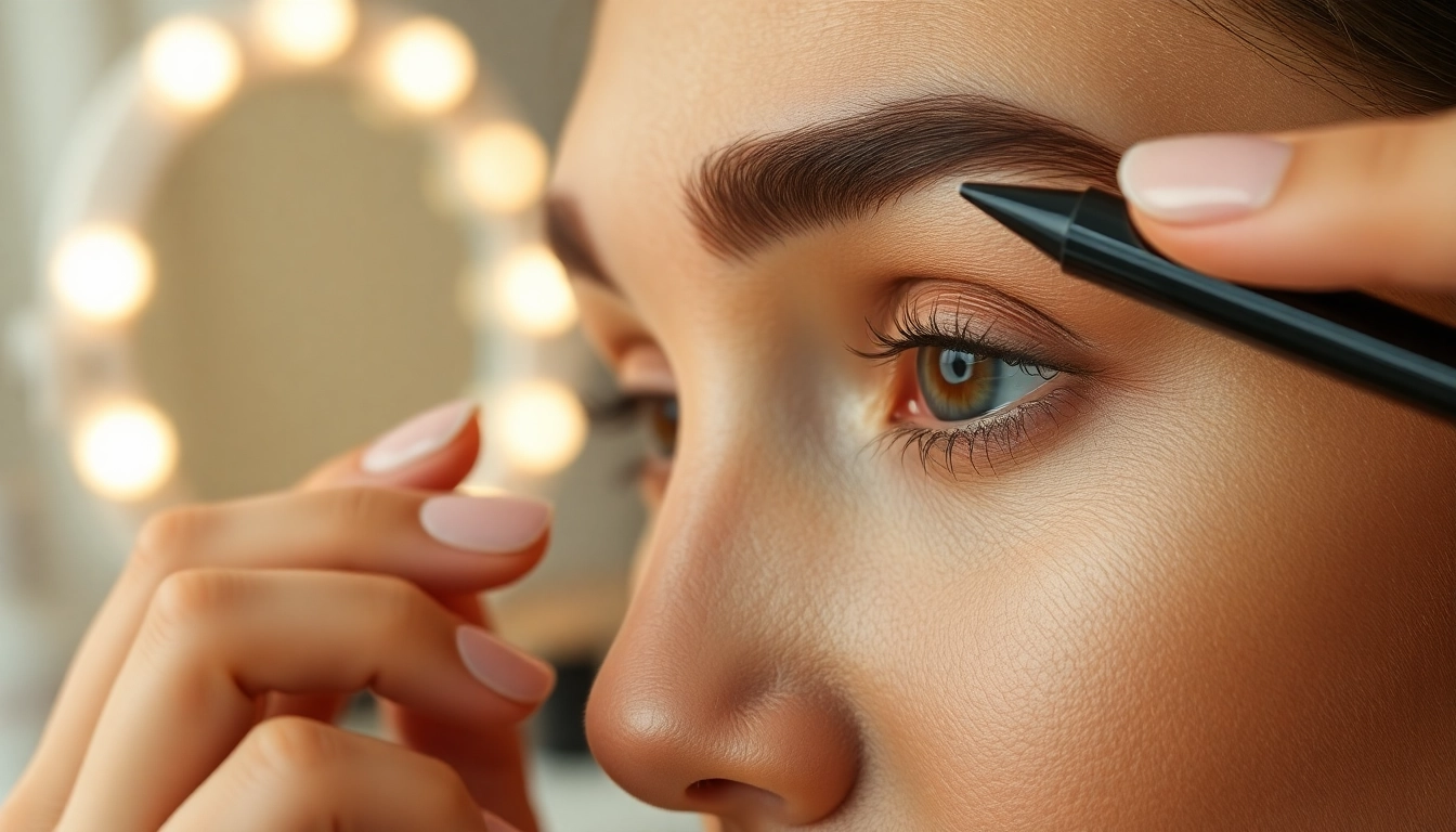 Applying brow pen to perfect eyebrows showcases beauty and precision.