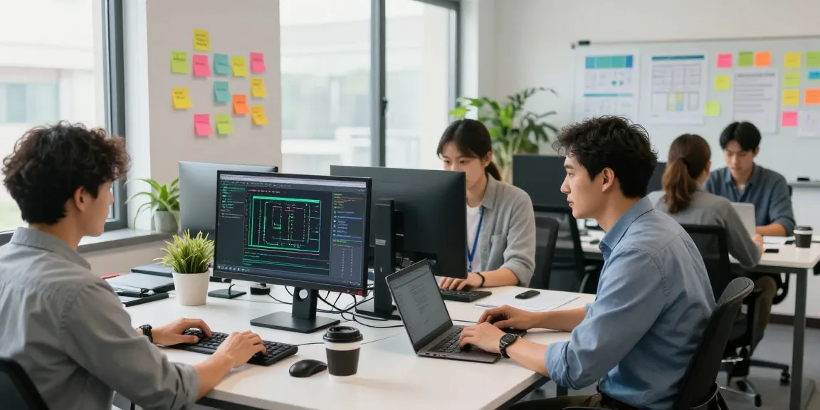 IT support small business team collaborating in a modern office with dual monitors and project notes.