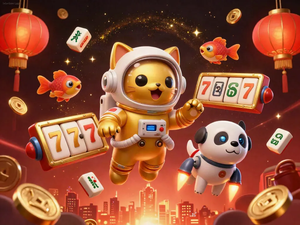 Experience a thrilling bolavitaslot login scene with a space cat, robot dog, and casino elements in zero gravity.