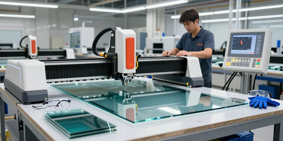 CNC cutting machine glass in action with technician, showcasing precision glass processing environment.