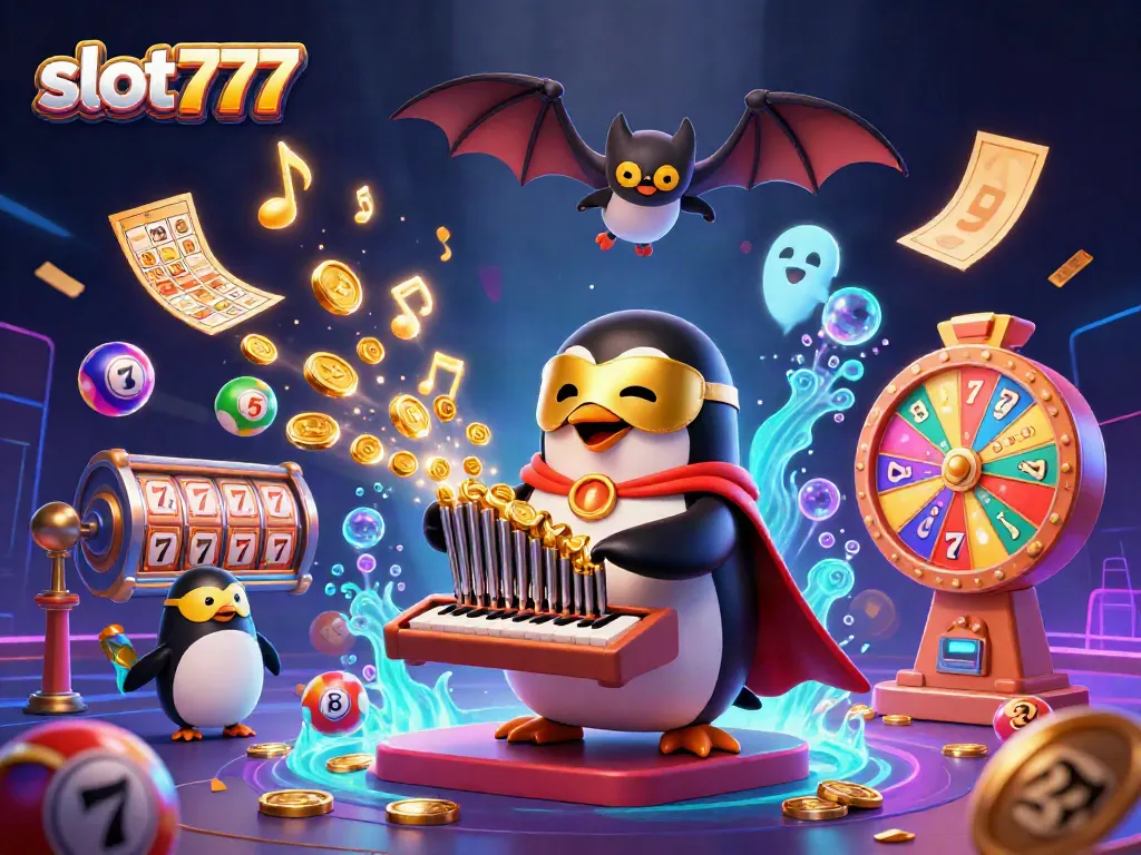 Menggoda para pemain dengan slot777 yang dipenuhi koin emas dan elemen permainan lainnya dalam ilustrasi penuh warna.