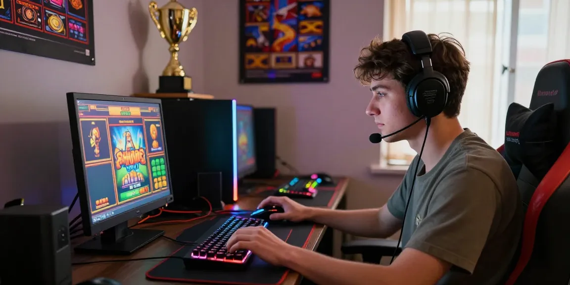 Engaging player immersed in slot server kamboja online gaming experience with vibrant visuals and gaming gear.