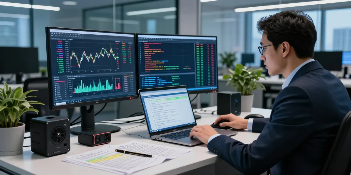 Forensic investigator analyzing cryptocurrency data to recover stolen cryptocurrency in a high-tech office.