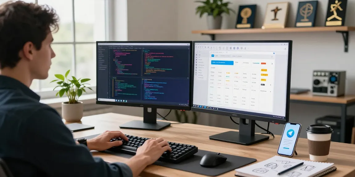 Developer coding in a tech workspace with Telegram中文 notifications, dual monitors, and creative elements.