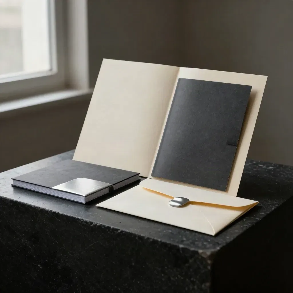 Launch bundle of mockup block, audit booklet and sealed envelope on black stone under dramatic rim light.