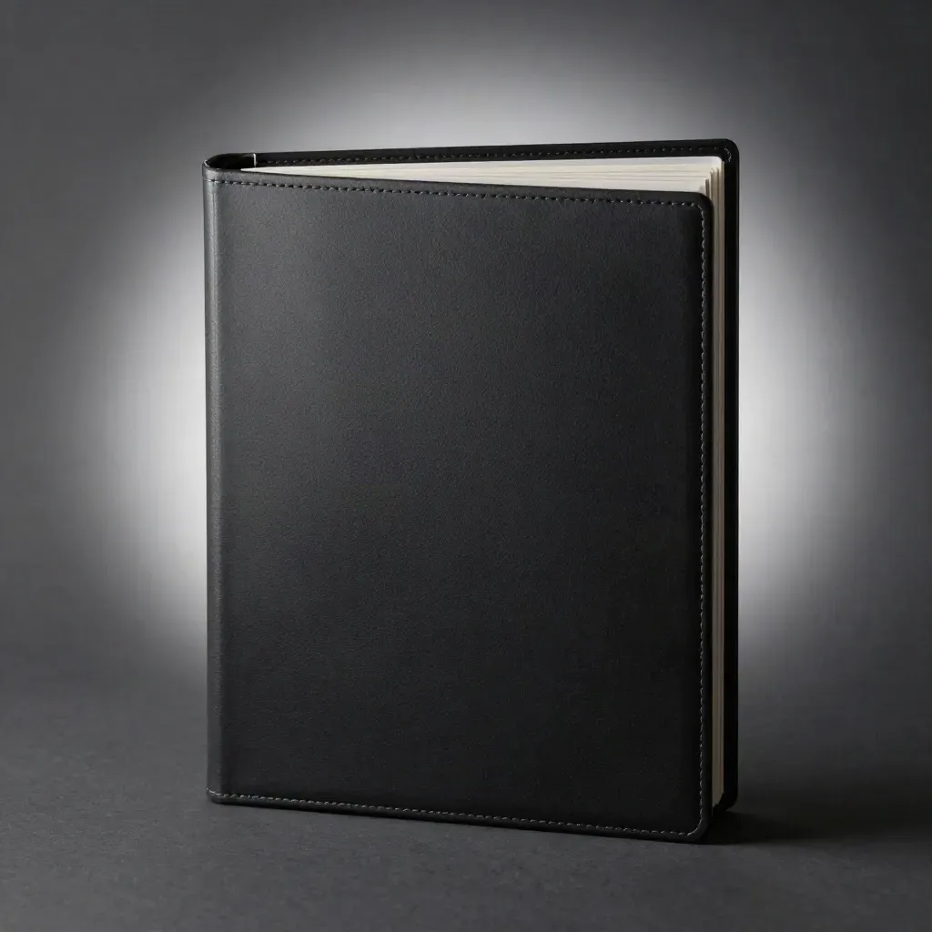 Matte black audit binder with gray insert and splayed tabs, lit with crisp rim light.