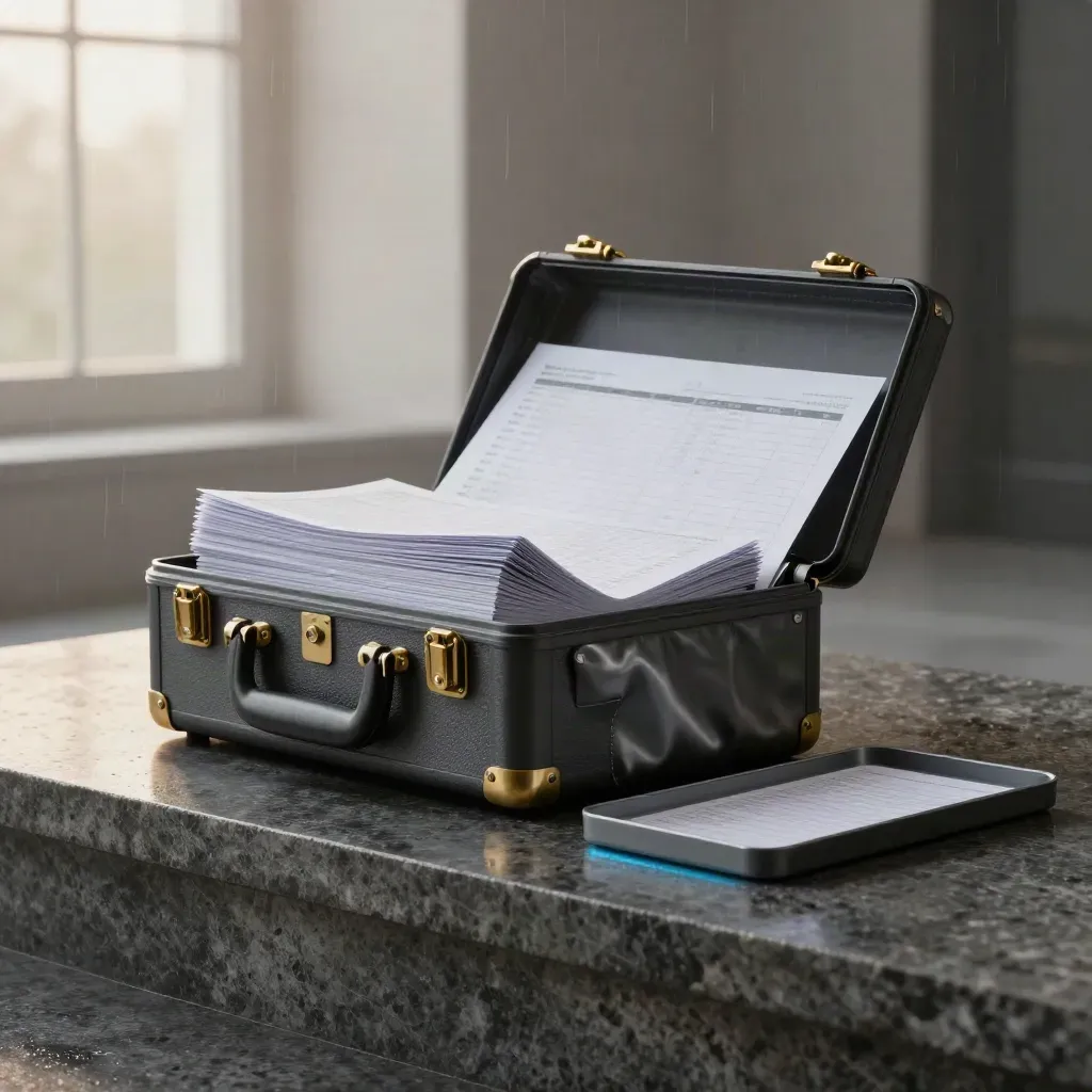 Charcoal brand audit kit with brass dividers on wet stone, soft mist and blue edge glow.