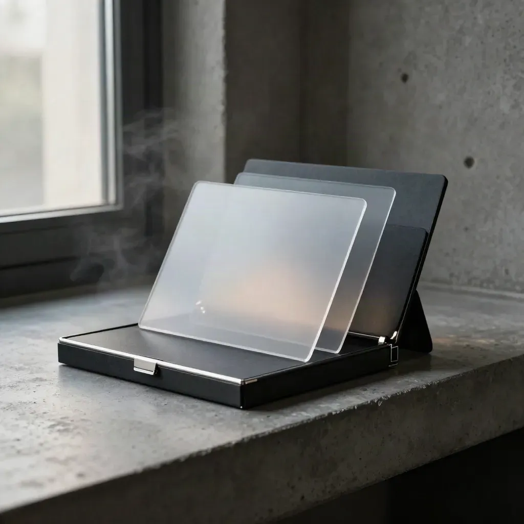Charcoal launch box with translucent overlays on a concrete ledge in soft industrial light.