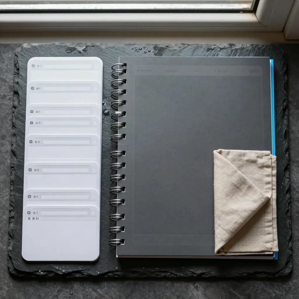 Graphite audit deck, blank tab cards, and linen swatch on wet slate with blue glow