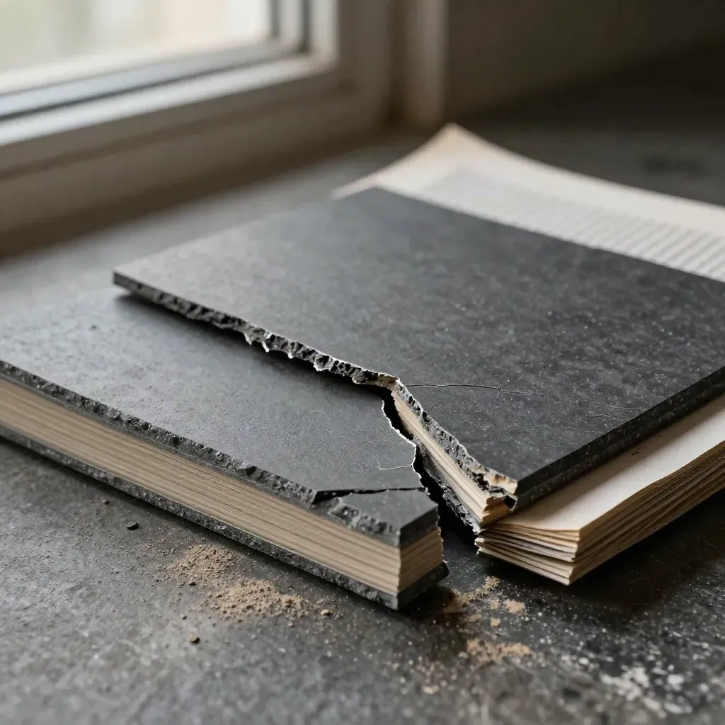 Cracked graphite slab with layered swatch and fix-list folio on stone, lit dramatically.