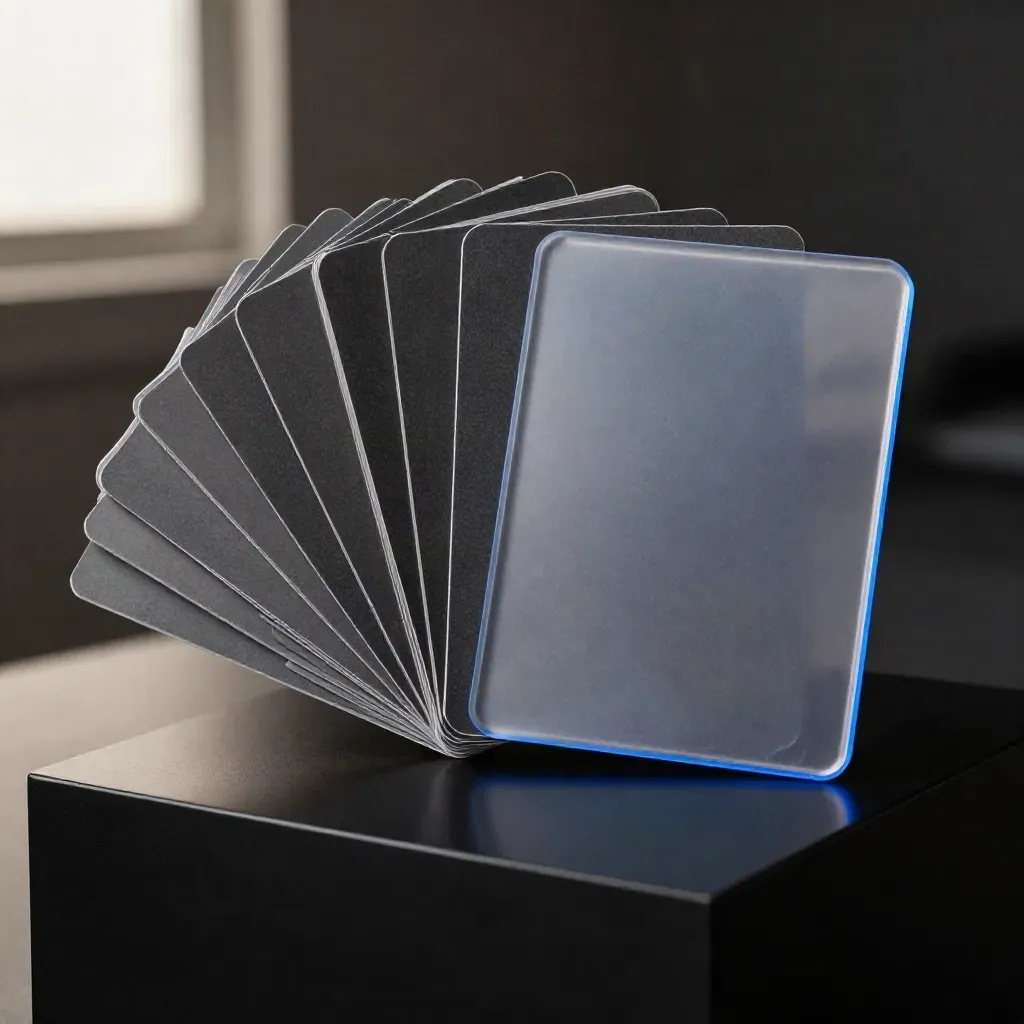 Close-up of a modular social content stack with cards, cover, and sleeve on matte black.