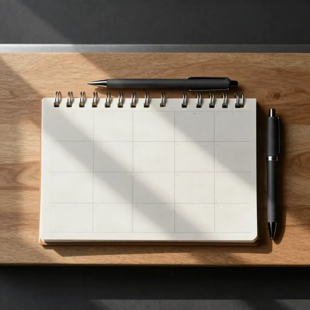 Overhead flatlay of a content calendar kit with blank cards, ring-bound sheets, and a folded sleeve.