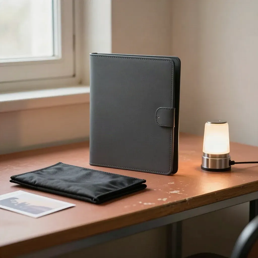 Launch kit with folder, cable pouch and standby lamp on a terracotta bench in soft haze.