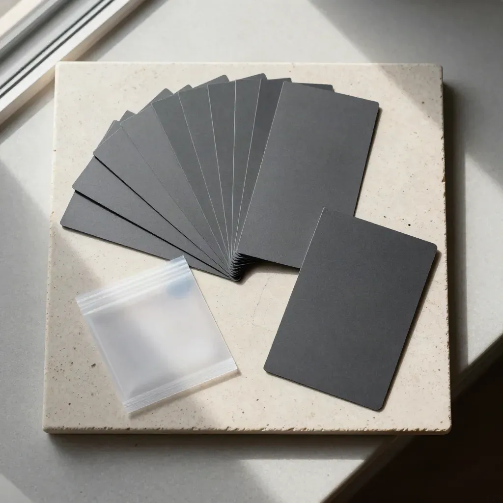 Overhead charcoal SEO audit kit with tabs, folded board and sealed sleeve on pale travertine.