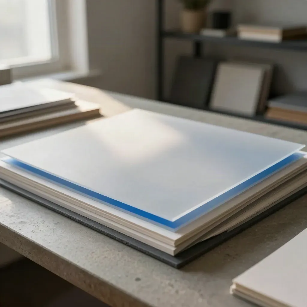 Low-angle prototype of layered paper and acrylic page materials with blue edge glow on stone