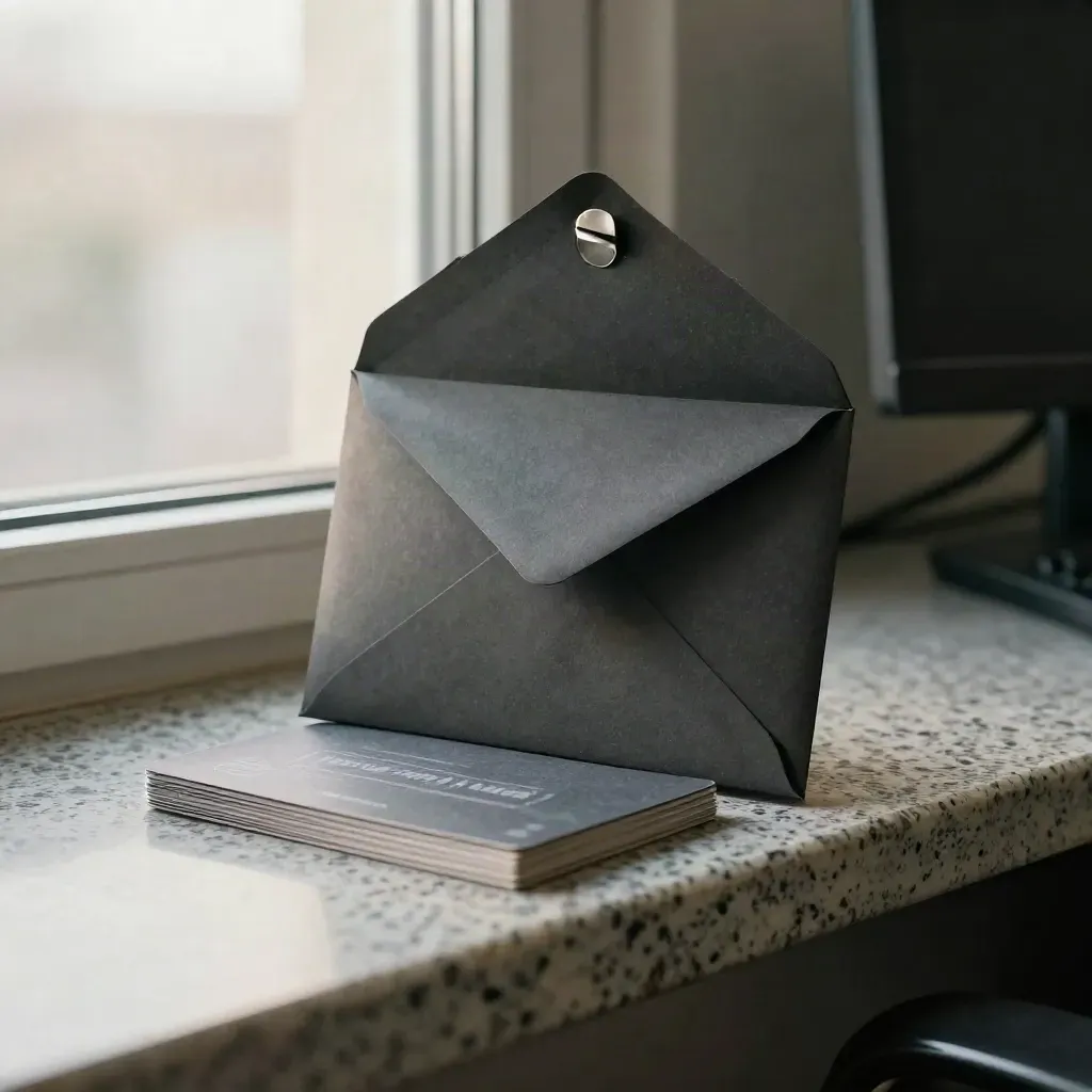 Dark campaign tune-up kit with envelope, silver clip, and folded cards beside a glowing monitor.