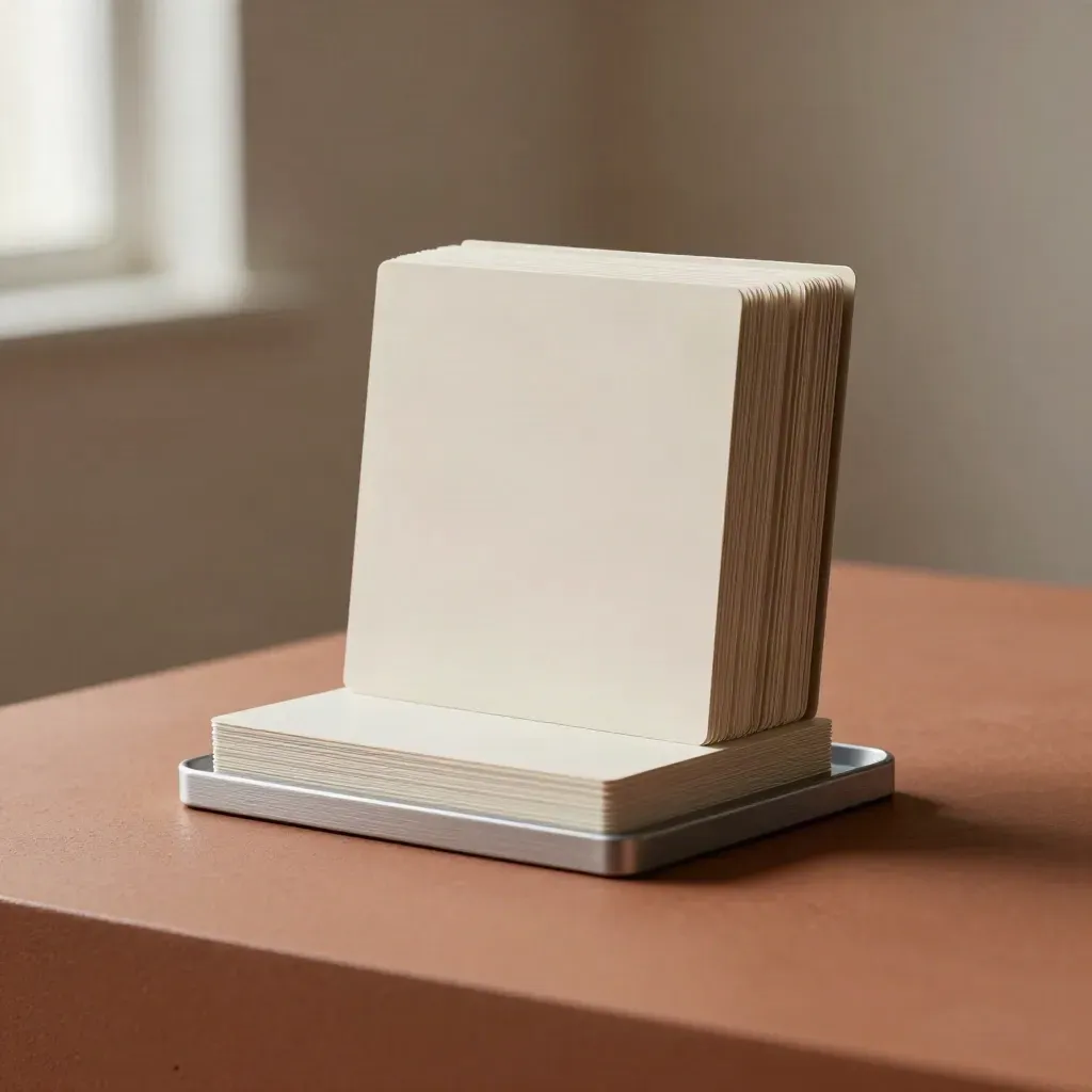 Unbranded content launch stack of blank square cards in a presentation box with a pewter tray.