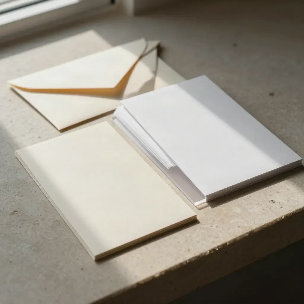 Overhead flatlay of five blank folded cards, pale envelopes and a translucent divider on limestone.