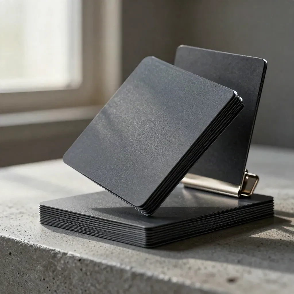 Charcoal social post pack with hovering square modules and a brushed metal clip