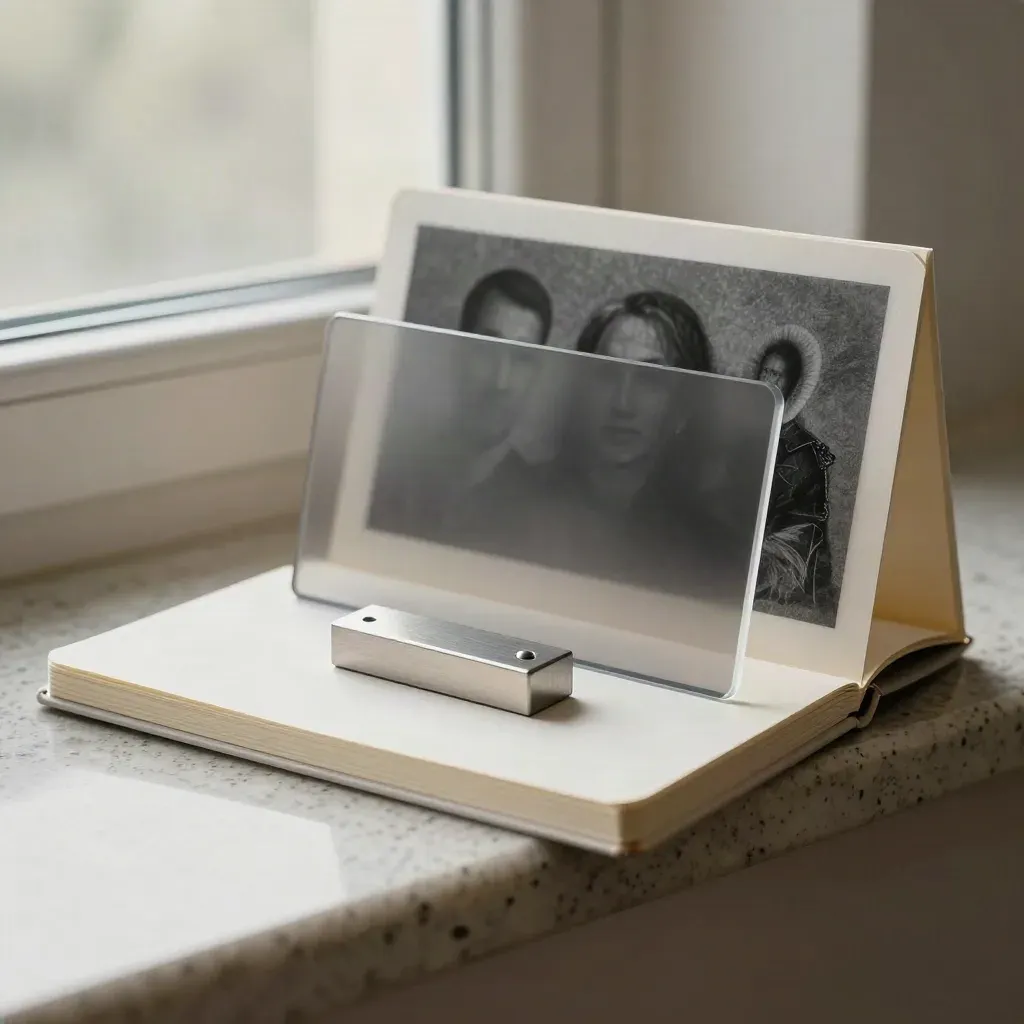 Pale workbook folio, clear overlay, and silver calibration block on a travertine ledge.