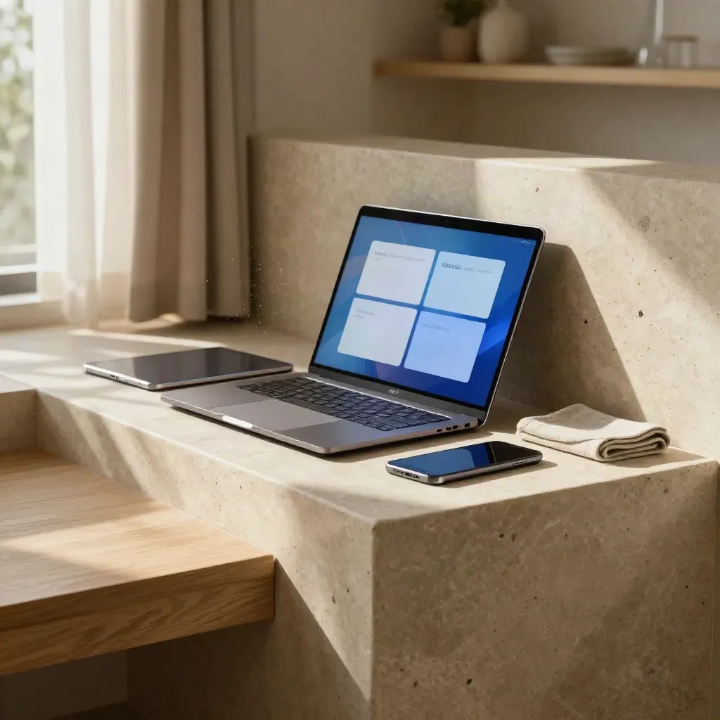 Limestone niche with laptop, tablet, and blue screen glow in warm afternoon light.
