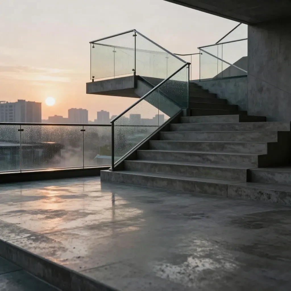 Rain-glossed concrete stair landing and glass railing above a calm empty floor.