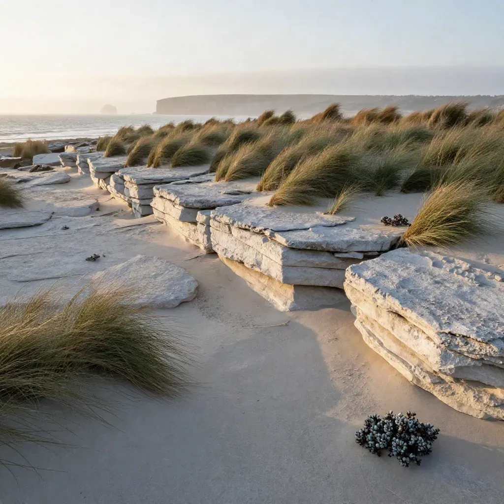Foggy cliff terrace above the coast with dune grass and calm open foreground.