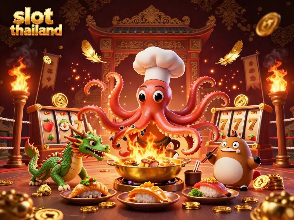 Experience vibrant slot thailand gaming with an octopus chef, dragon fire, and lively casino elements.