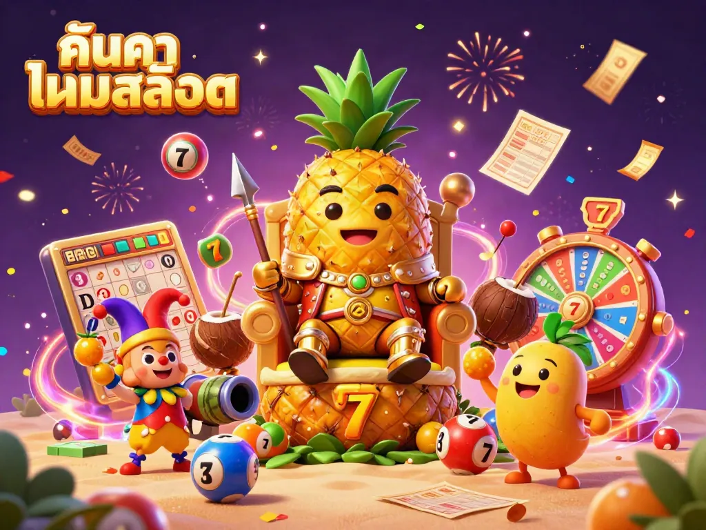 Experience the excitement of ค้นหาเกมสล็อต with a vibrant 3D casino scene featuring a golden pineapple king amidst colorful lottery elements.