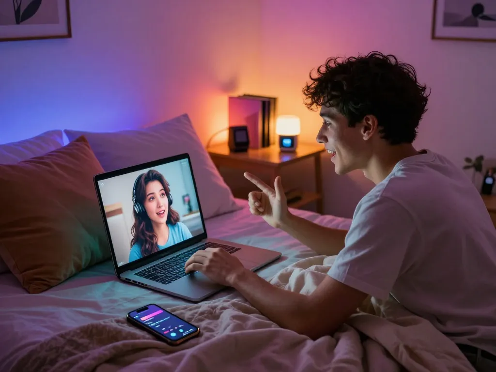 User engaged with nsfw ai character on laptop in cozy bedroom.