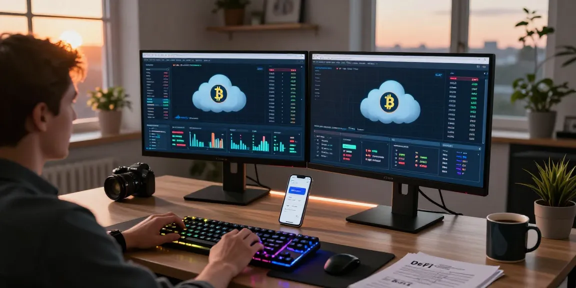 Cloud mining platform setup with cryptocurrency charts and digital wallet in a modern office.
