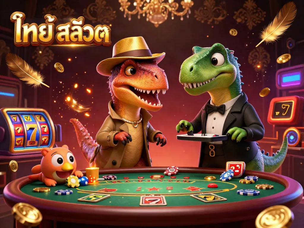 Engage in ไทย สล็อต with a dynamic scene featuring a velociraptor card counter and a stegosaurus pit boss at a blackjack table.