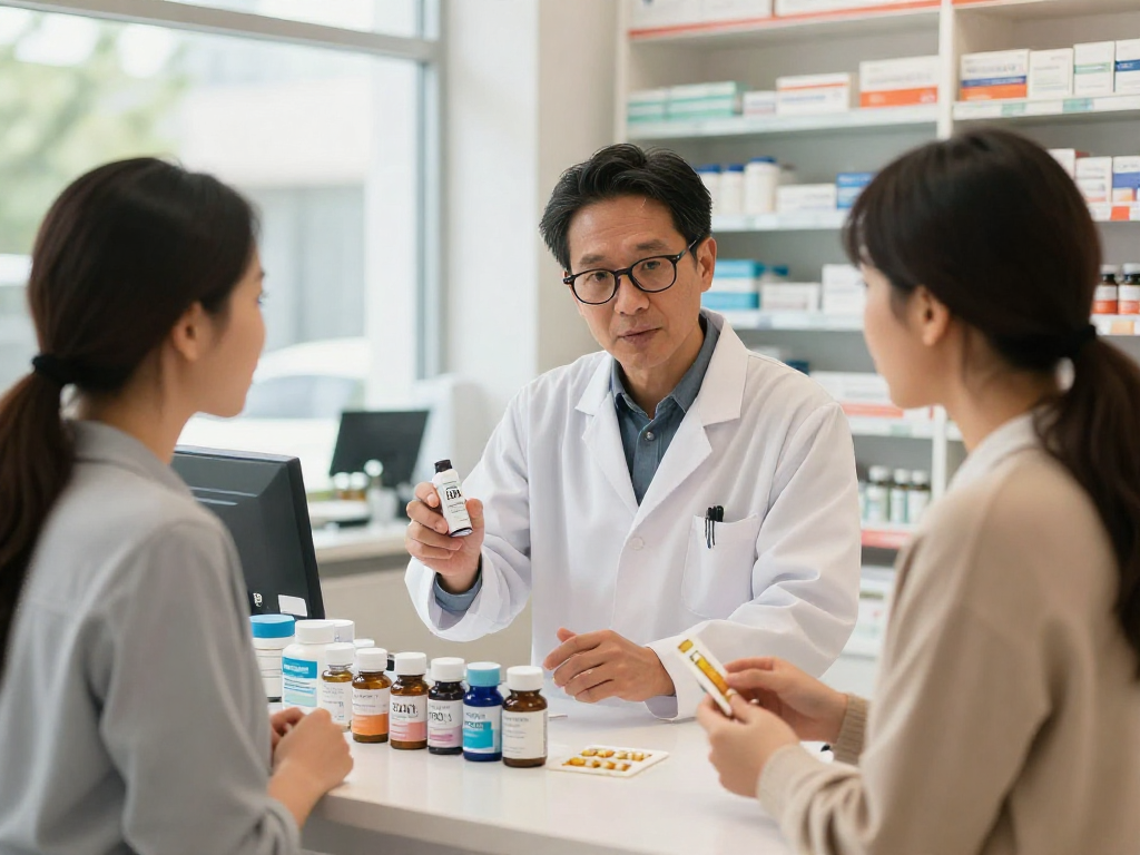 Pharmacist discussing TB 500 benefits with a customer in a modern pharmacy, highlighting innovative health solutions.