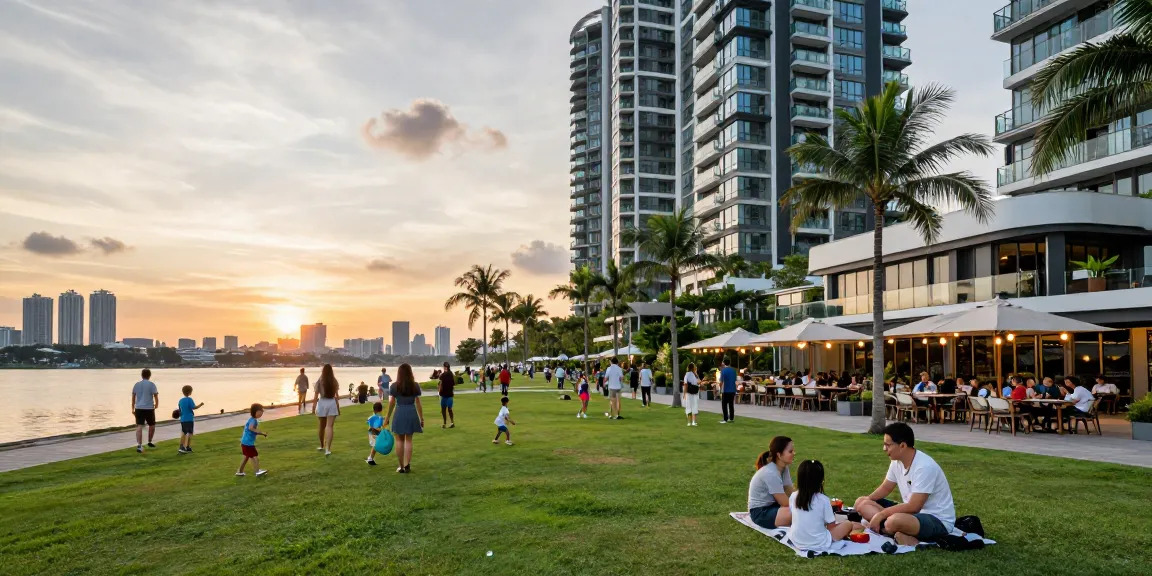 Tanjong Rhu Residences with community enjoying waterfront amenities and sunset views.