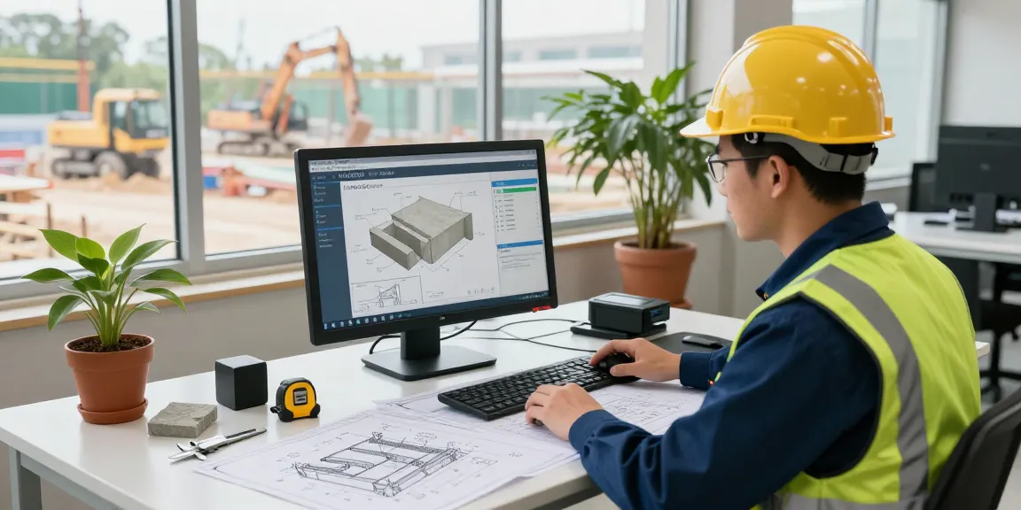 Technician using NAGA2000 software for concrete analysis in a bright industrial workspace.