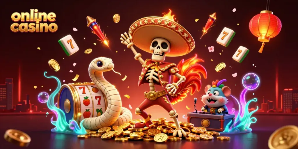 Experience an exciting online casino scene with a vibrant dancing rooster and dynamic casino symbols.