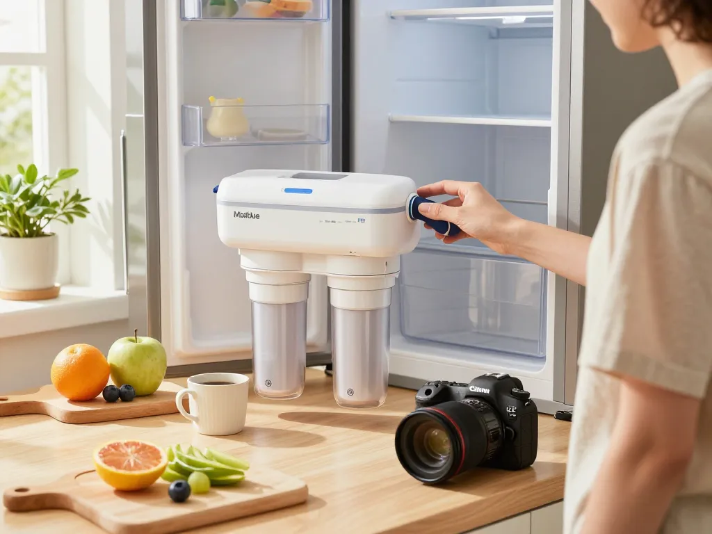 Maxblue MB-F38 Replacement for W10295370A installation in a bright kitchen setting with fresh fruits and tools.