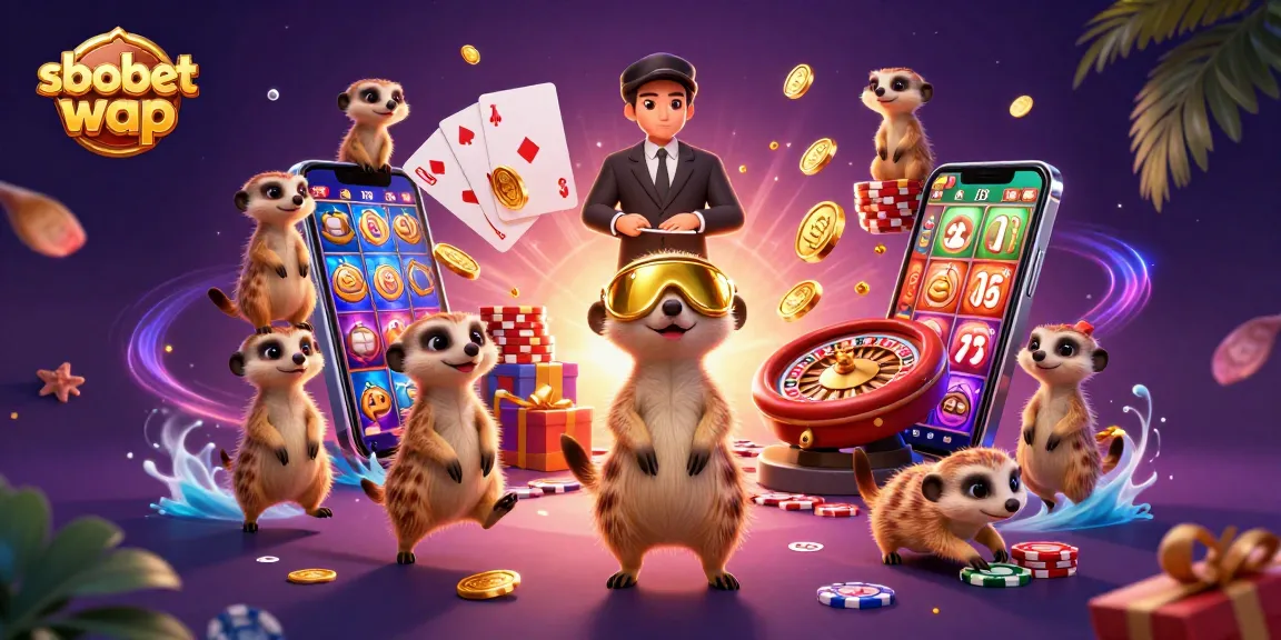 Experience sbobet wap in a whimsical meerkat casino scene with vibrant gaming elements and dynamic action.