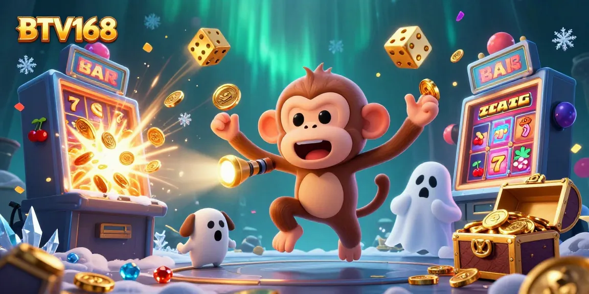 BTV168's lively casino scene with a ghost-hunter puppy tracking a playful poltergeist monkey amidst jackpot excitement.