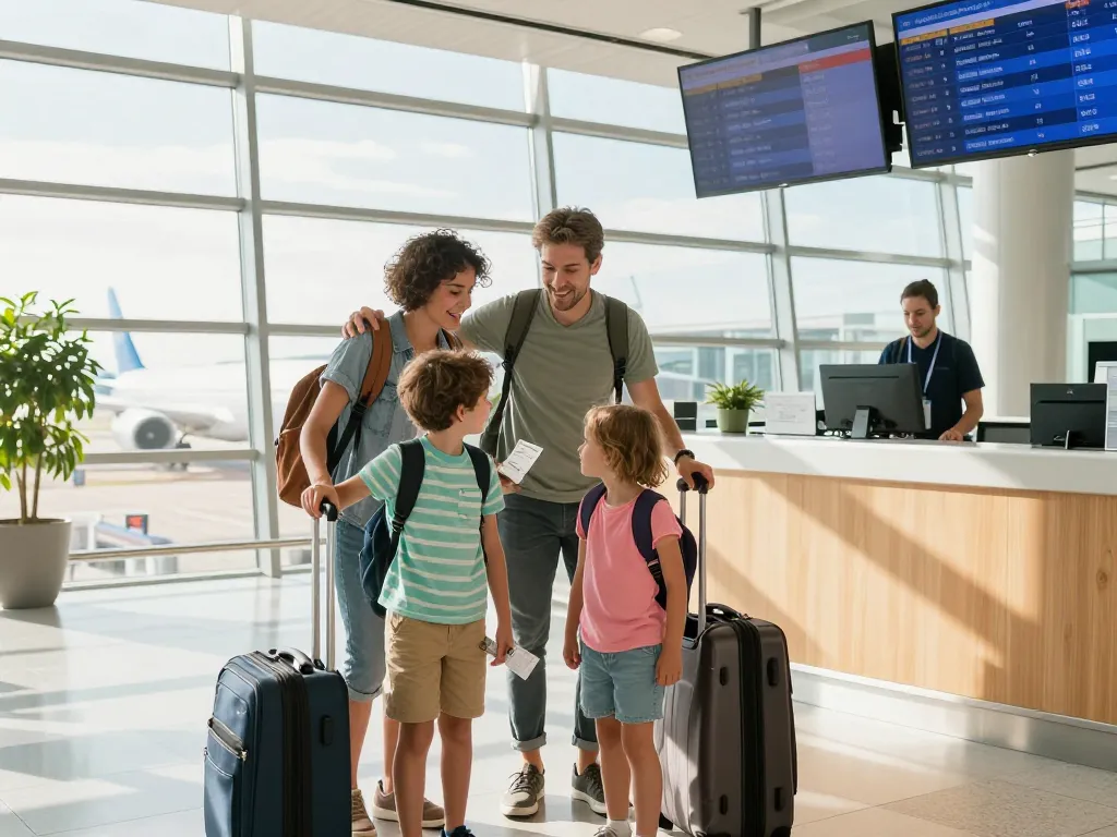 Cardiff Airport from Halifax - excited family checking in at the terminal