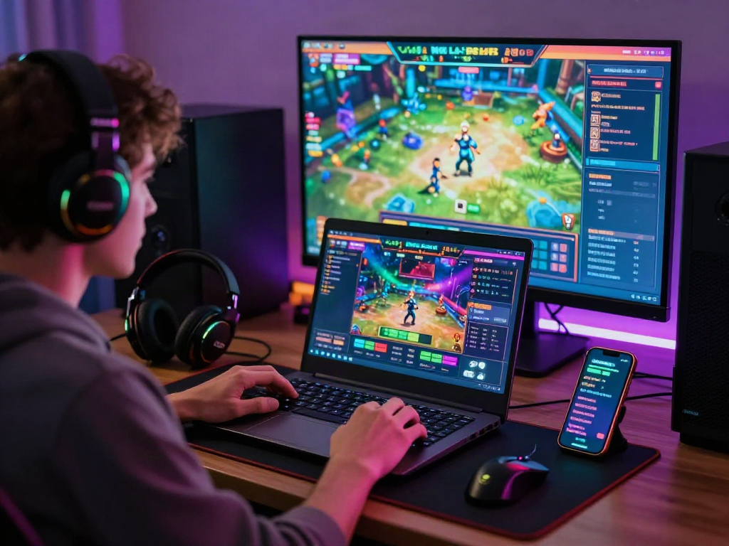 Engaging online gambling experience with bro138 link alternatif displayed on a laptop in a cozy gaming setup, illuminated by LED lights.