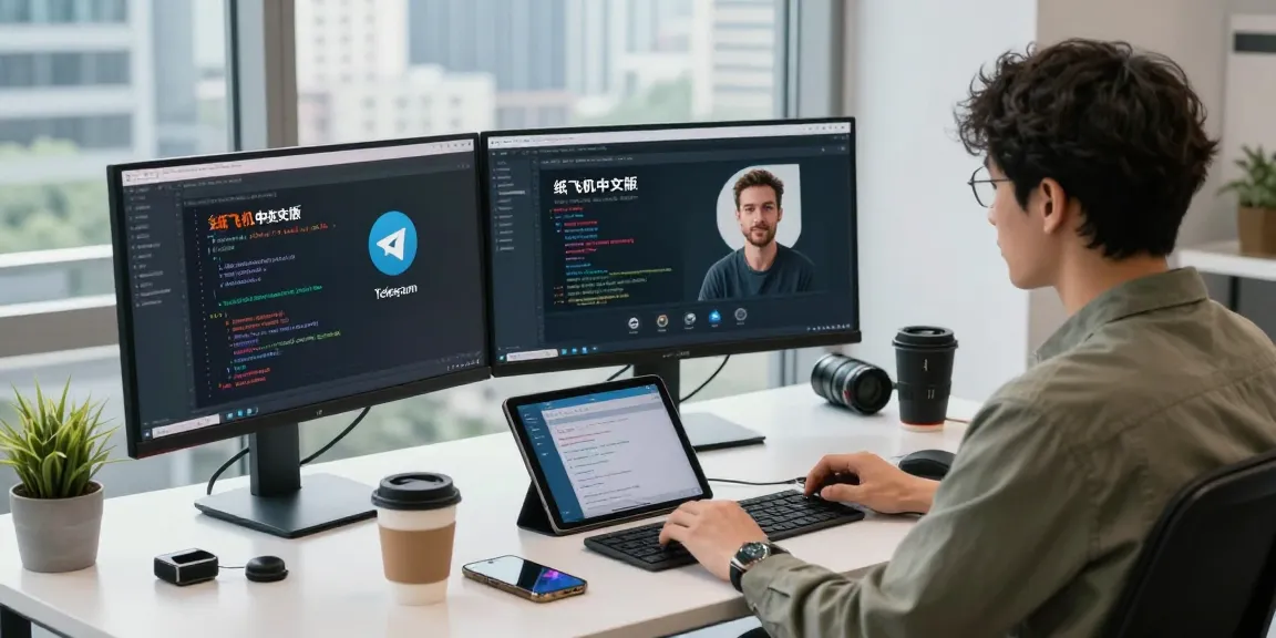 Young professional demonstrating features of 纸飞机中文版 in a modern tech workspace.