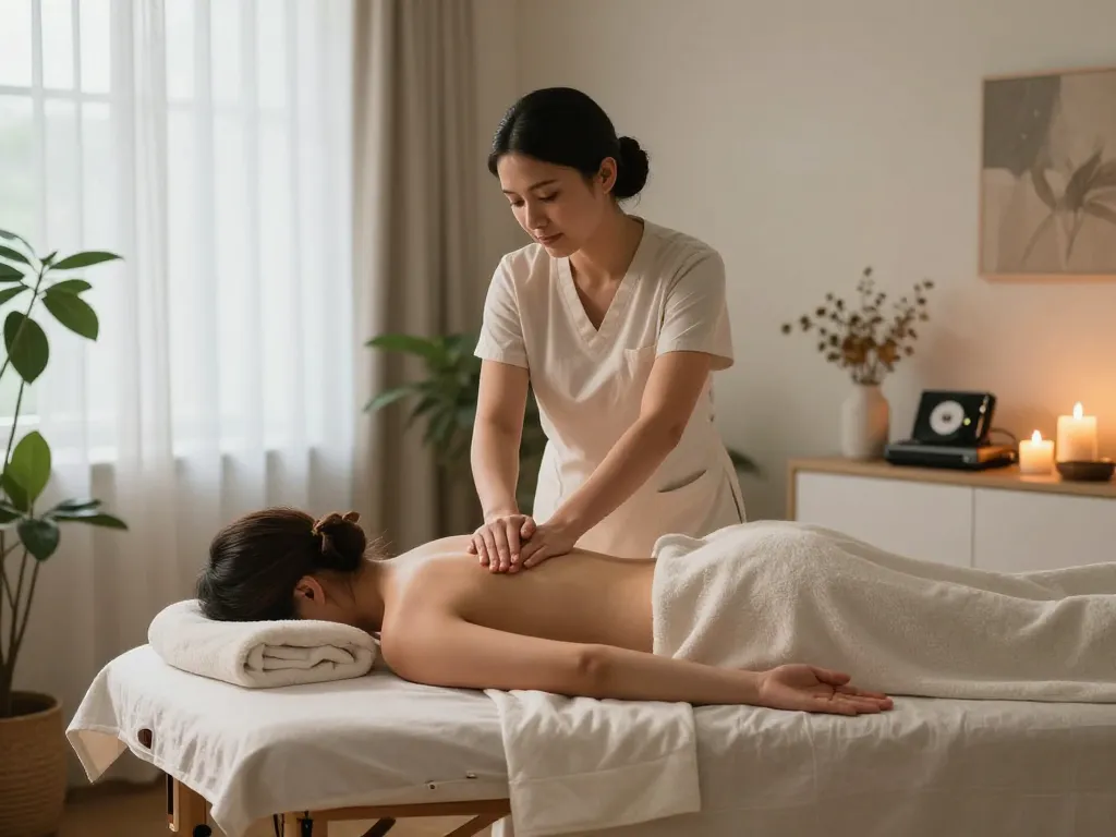 Relaxing Swedish massage scene at https://www.makangs.com/ with therapist, soothing ambiance, aromatic candles.