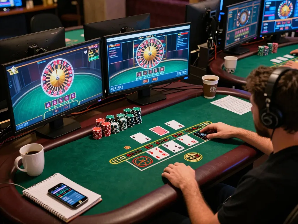 Engaging online gaming scene with person strategizing top quality widgets at home gaming setup.