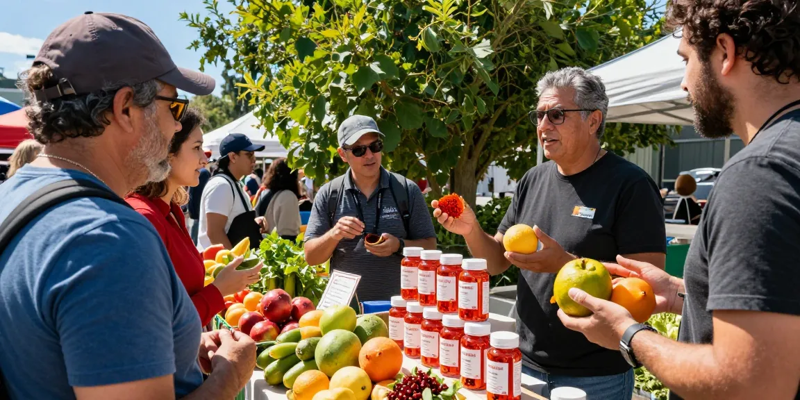 Dynamic market scene highlighting a Canadian astaxanthin brand, showcasing vibrant health foods and engaged customers.